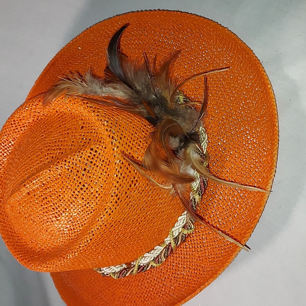 Handmade Cowgirl Fancy Orange Hat With Feathers Twisted Cord Design